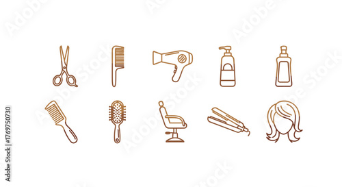 Golden line art icons of hairdressing and beauty salon tools, including scissors, combs, hairdryer, shampoo bottles, hairbrush, barber chair, hair straightener, and a woman's hairstyle, presented on