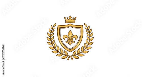 Golden Fleur-de-lis emblem with crown and laurel wreath, symbolizing royalty, nobility, and prestige, set against a stark black background for a sophisticated and elegant visual statement, perfect