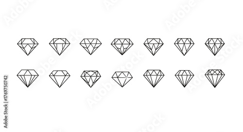 A collection of twelve sparkling, faceted diamonds arranged in two rows against a stark black background, showcasing their brilliant cuts and reflective surfaces, symbolizing luxury, wealth, and