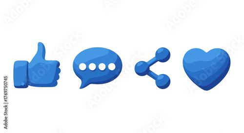 A vibrant 3D illustration showcases a row of popular social media icons in a striking blue hue against a stark black background, featuring a 'thumbs up' for approval, a speech bubble for comments, a