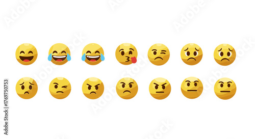 A collection of diverse emoji faces displaying a range of emotions, from laughter and joy to sadness, anger, and contemplation, presented against a stark black background for maximum visual impact