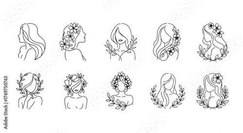 Collection of ten minimalist line art illustrations of female profiles adorned with flowers and leaves, presented in a clean white outline on a black background, evoking natural beauty and elegance.