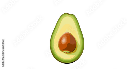 A single, perfectly ripe avocado cut in half, revealing its creamy green flesh and large, brown pit against a stark black background, showcasing its natural beauty and healthy goodness for food and