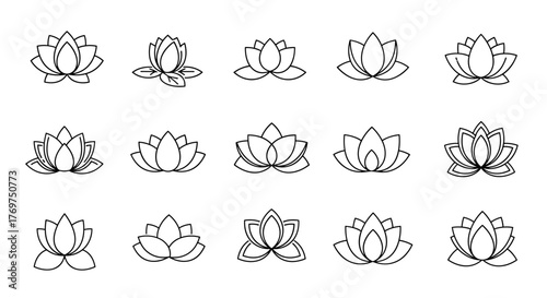 Collection of stylized lotus flower outlines, presented in a grid format, showcasing diverse petal arrangements and symmetrical designs, perfect for spiritual, wellness, and botanical themes
