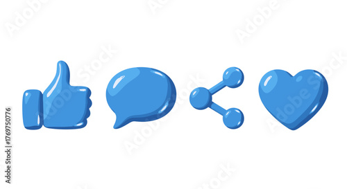 Vivid 3D rendering of social media icons: a blue thumbs-up, a speech bubble, a share icon, and a heart, isolated on a black background, symbolizing engagement, communication, sharing, and liking