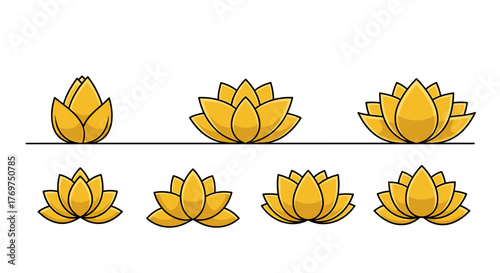 Collection of stylized golden lotus flowers in various stages of bloom, presented against a stark black background, symbolizing purity, enlightenment, and rebirth in Eastern cultures, perfect for
