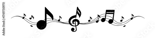 black and white musical notes on a staff, flowing like a melody
