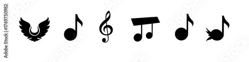 winged music: a collection of musical symbols and a winged emblem in black and white