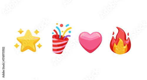 A vibrant collection of four popular emojis, including a shining yellow star, a festive red and white striped party popper exploding with colorful confetti, a glossy pink heart, and a dynamic red and
