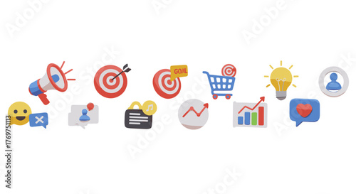A vibrant collection of 3D icons representing business and marketing concepts, including a megaphone, targets, shopping cart, lightbulb, charts, and social media symbols, set against a black