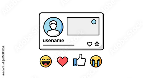 Social media profile interface with user avatar, username, image placeholder, and interaction icons like heart, star, laugh, like, and cry emojis, representing online communication and engagement in