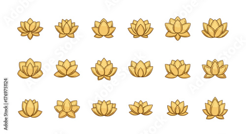 Collection of Golden Lotus Flower Icons and Symbols, Representing Purity, Enlightenment, and Spirituality, Ideal for Yoga, Meditation, and Wellness Brands, Vector Art with Clean Lines and Subtle