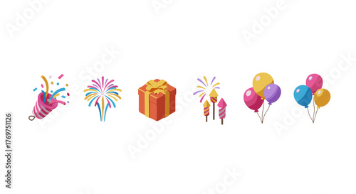 A vibrant collection of festive elements, including a party popper exploding with confetti, a colorful firework display, a beautifully wrapped gift box with a ribbon, small rockets, and clusters of