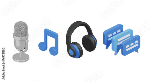 A vibrant 3D illustration featuring a classic silver microphone, a blue musical note, a pair of black and blue headphones, and three blue chat bubbles, symbolizing audio, music, and communication