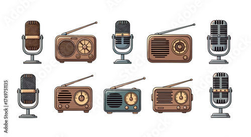 Collection of vintage microphones and retro radios, presented in a flat design style with a dark background, evoking a sense of nostalgia and classic broadcasting technology. This set includes
