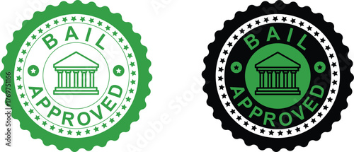 Bail Approved Stamp Icons: Green Legal Approval Seal with Courthouse Graphic for Legal Services Marketing, Insurance, and Compliance