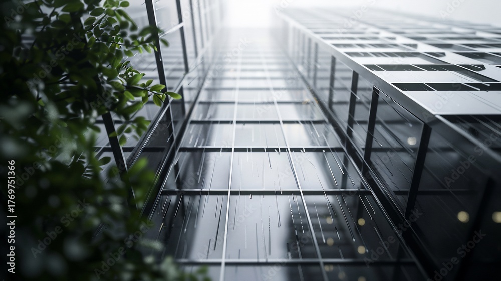 Fototapeta premium Low-angle view of a modern skyscraper with glass facade, foliage, and rainy weather