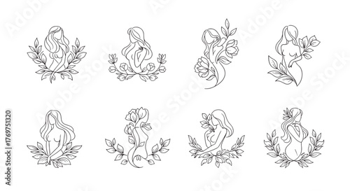 Set of elegant line art illustrations featuring female figures adorned with delicate floral elements and botanical wreaths, symbolizing beauty, nature, and femininity in a minimalist, sophisticated