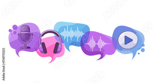 Vivid cartoon illustration of podcasting and audio recording elements, including a vintage microphone, modern headphones, and sound wave visualizations within speech bubbles, alongside a play button