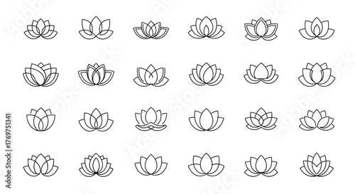 A collection of 24 stylized lotus flower icons, presented in a clean, minimalist white outline on a black background, showcasing diverse petal arrangements and symmetry, perfect for yoga, meditation