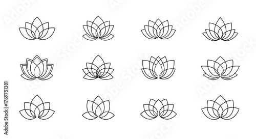 Collection of twelve stylized white lotus flower icons on a black background, representing purity, spirituality, and enlightenment. These minimalist line art designs are perfect for yoga studios