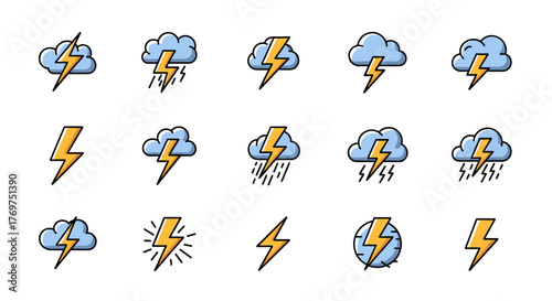 Collection of stylized lightning bolt and storm cloud icons with a modern, flat design aesthetic, perfect for weather apps, meteorological services, or any design needing a visual representation of