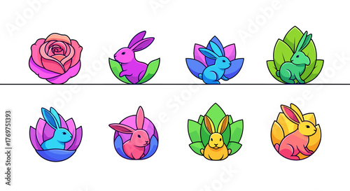 Collection of stylized, vibrant, and modern cartoon icons featuring cute rabbits in various colors and poses, nestled within abstract floral or leaf shapes, alongside a single pink rose illustration