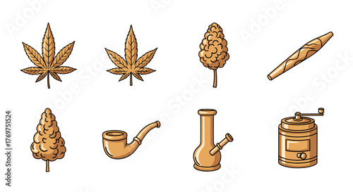 Golden cannabis leaf, marijuana bud, joint, pipe, bong, and grinder icons set on a black background, representing the various tools and forms associated with cannabis consumption and cultivation