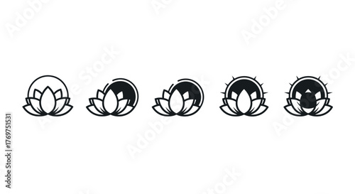 A set of five minimalist lotus flower icons, presented in a horizontal line against a black background, showcasing variations in petal detail and inner shading, symbolizing purity, enlightenment, and