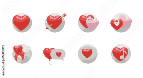 Collection of eight 3D rendered heart icons and symbols, perfect for Valentine's Day, love, romance, and relationship themes, featuring elements like arrows, locks, gifts, keys, speech bubbles, and