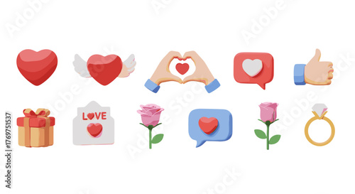 Collection of 3D Valentine's Day icons and symbols, including hearts with wings, hand heart gesture, love letter, gift box, pink roses, speech bubbles with hearts, thumbs up, and a diamond ring, set