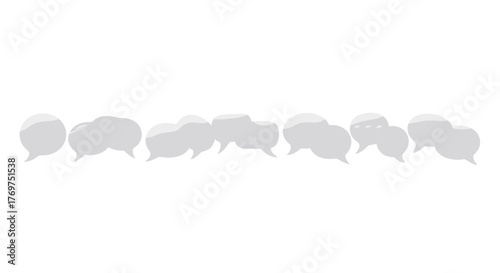 A row of white 3D speech bubbles, varying in shape and size, arranged horizontally against a stark black background, symbolizing communication, conversation, and dialogue in a modern, minimalist