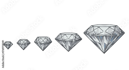 A progression of sparkling, faceted diamonds, ranging from small to large, presented against a stark black background, symbolizing growth, value, and preciousness in a clean, graphic style.