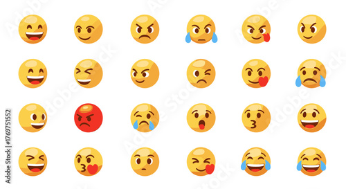 A vibrant collection of diverse emoji faces expressing a wide spectrum of emotions, including happiness, anger, sadness, love, and surprise, presented against a stark black background for maximum