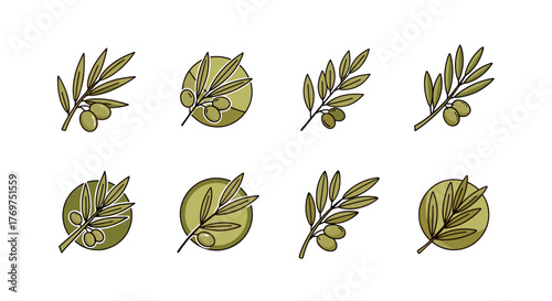Collection of eight stylized olive branch icons and emblems, featuring green olives and leaves, presented on a black background, perfect for food, health, and Mediterranean-themed designs.