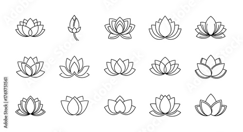 Collection of 15 stylized lotus flower icons in white outline on a black background, representing purity, enlightenment, and rebirth, perfect for yoga, meditation, and spa branding, with variations