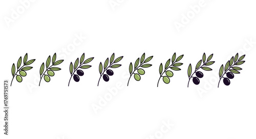 A repeating pattern of stylized olive branches, alternating between green and purple olives, set against a stark black background, creating a minimalist and elegant decorative border or design