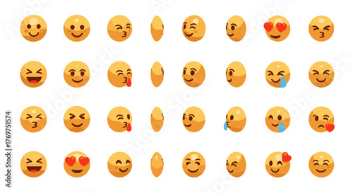 Collection of 3D rendered yellow emoji faces showcasing a variety of emotions and expressions, including smiling, laughing, crying, winking, and blowing kisses, presented in a grid format against a