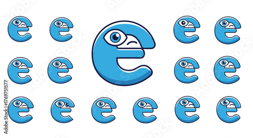 A whimsical and abstract blue character, resembling the letter 'e' with a distinct face, is repeated in a grid pattern against a stark black background, creating a visually engaging and modern