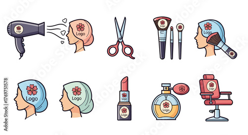 Collection of beauty salon and cosmetic icons, including a hairdryer styling hair, scissors, makeup brushes, lipstick, perfume bottle, barber chair, and stylized female profiles, perfect for branding