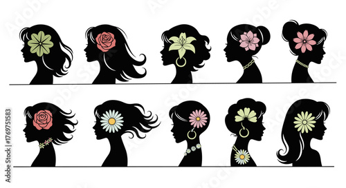 Collection of ten diverse female profile silhouettes adorned with various floral elements and jewelry, presented against a stark black background, symbolizing beauty, nature, and individuality in a