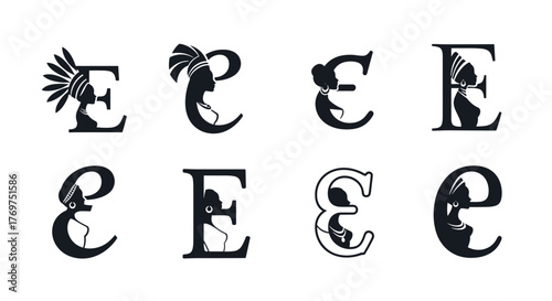 Set of eight unique black letter E designs, each featuring a silhouette of a woman's profile with distinct headdresses and jewelry, symbolizing diversity and cultural heritage, perfect for graphic