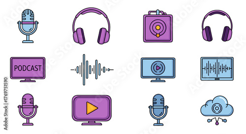 Collection of modern flat icons representing podcasting and audio recording equipment, including microphones, headphones, sound waves, and playback devices, perfect for digital media and broadcasting