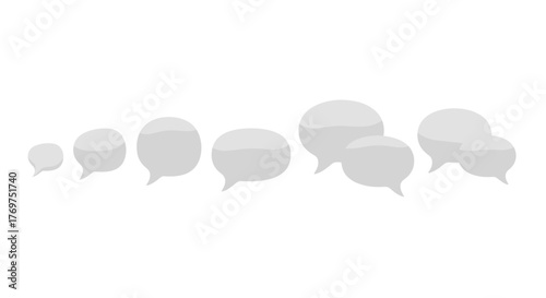 A collection of eight white, 3D rendered speech bubbles of varying sizes arranged in a horizontal line against a stark black background, symbolizing communication and conversation in digital and