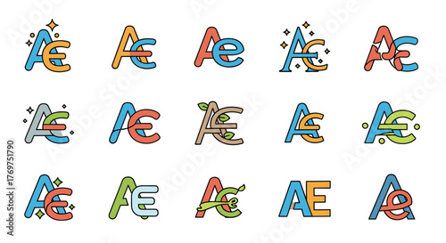 Collection of stylized 'AE' ligature logos in various vibrant color palettes and modern designs, featuring elements like stars, leaves, and abstract shapes, perfect for branding and graphic design