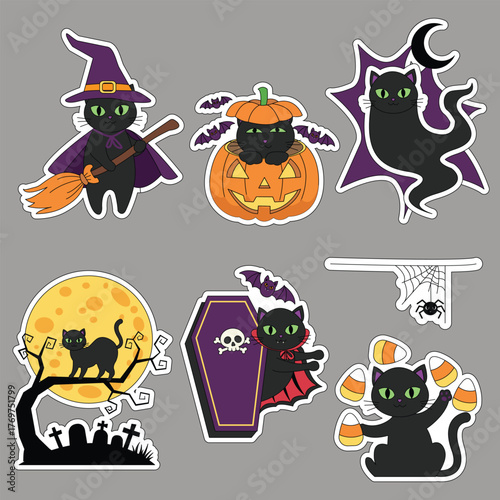 Halloween sticker set featuring a black cat. Vector illustration.