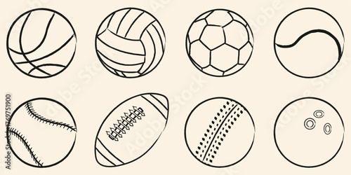 different kinds game ball line art vector