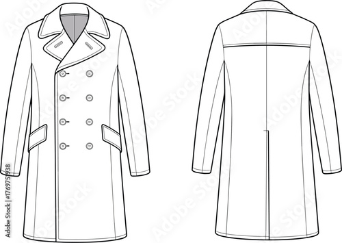 Double‑breasted overcoat front and back view, fashion design template, garment illustration, coat mockup, clothing vector, apparel outline, retail production