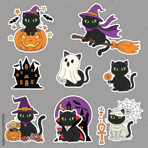 Halloween sticker set featuring a black cat. Vector illustration.