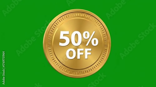 50% OFF Spinning Gold Coin Animation | Rotating Discount Token on Green Screen Loop
